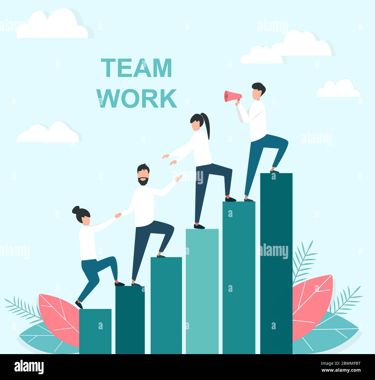 Business team helping each other achieve success, climbing stairs on