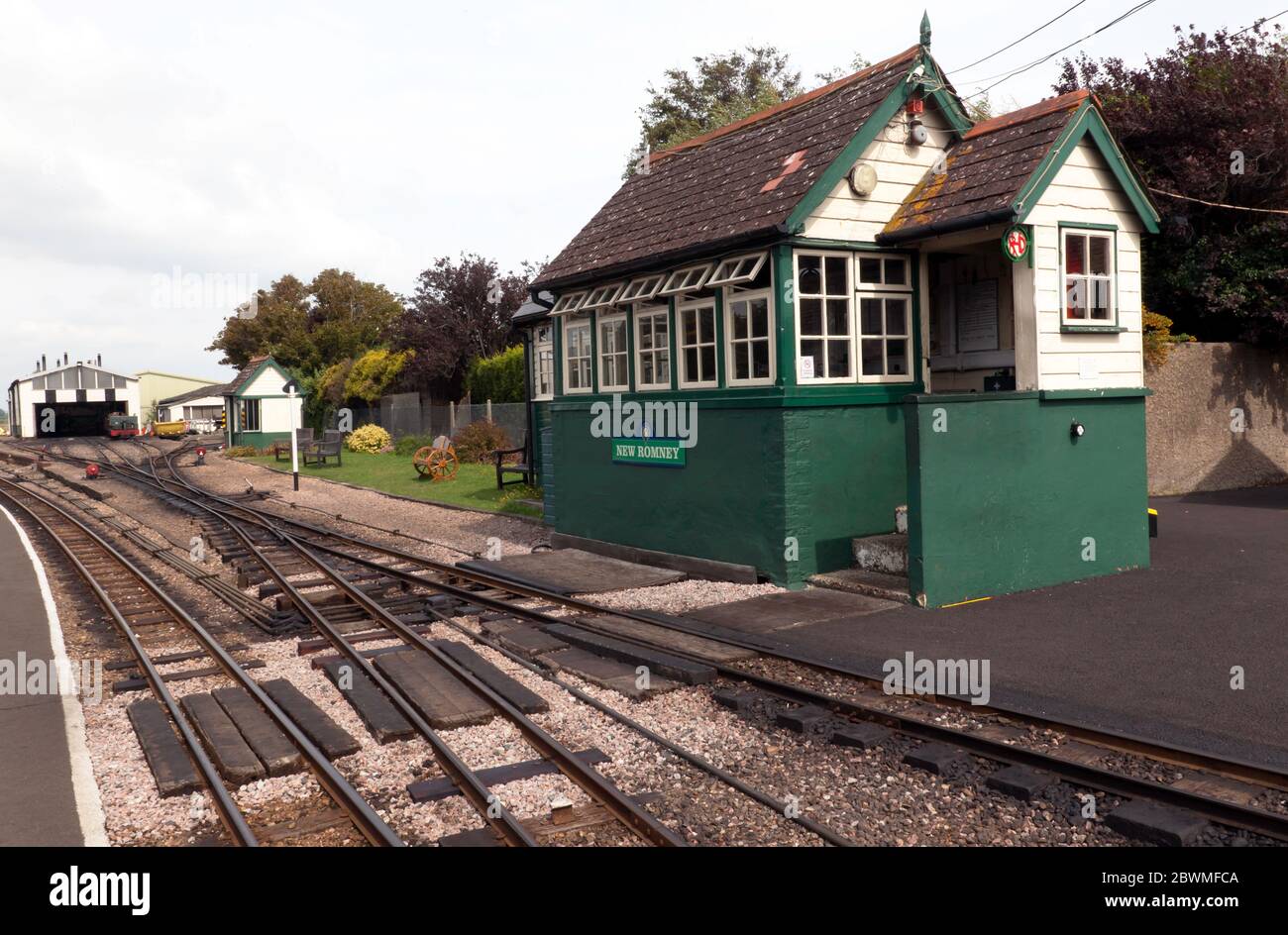 View of New Romney Signal Box,  looking towards the Engine Sheds, on the Romney, Hythe & Dymchurch Railway, Kent Stock Photo