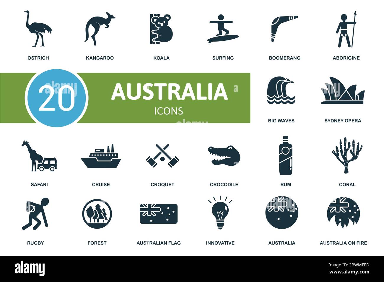 Australia icon set. Collection contain kangaroo, koala, boomerang, opera, australia and over icons. Australia elements set Stock Vector
