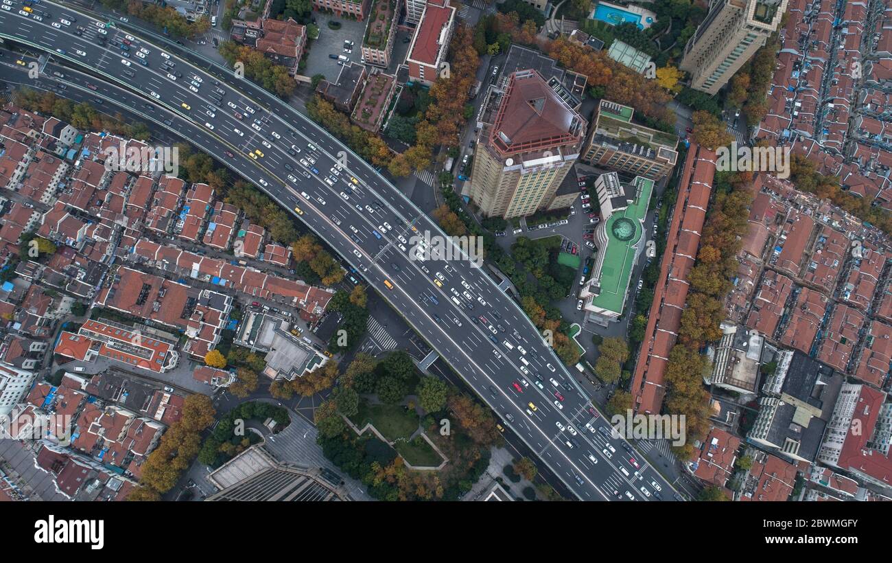 aerial view of city buildings and highway in cloudy day Stock Photo - Alamy