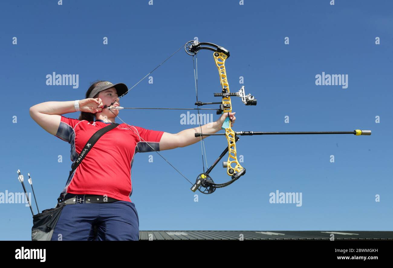 British Archer Pheobe Pine at Bowbrook Archers, Shrewsbury as lockdown restrictions ease in England. Issue date: Tuesday June 2, 2020. Stock Photo