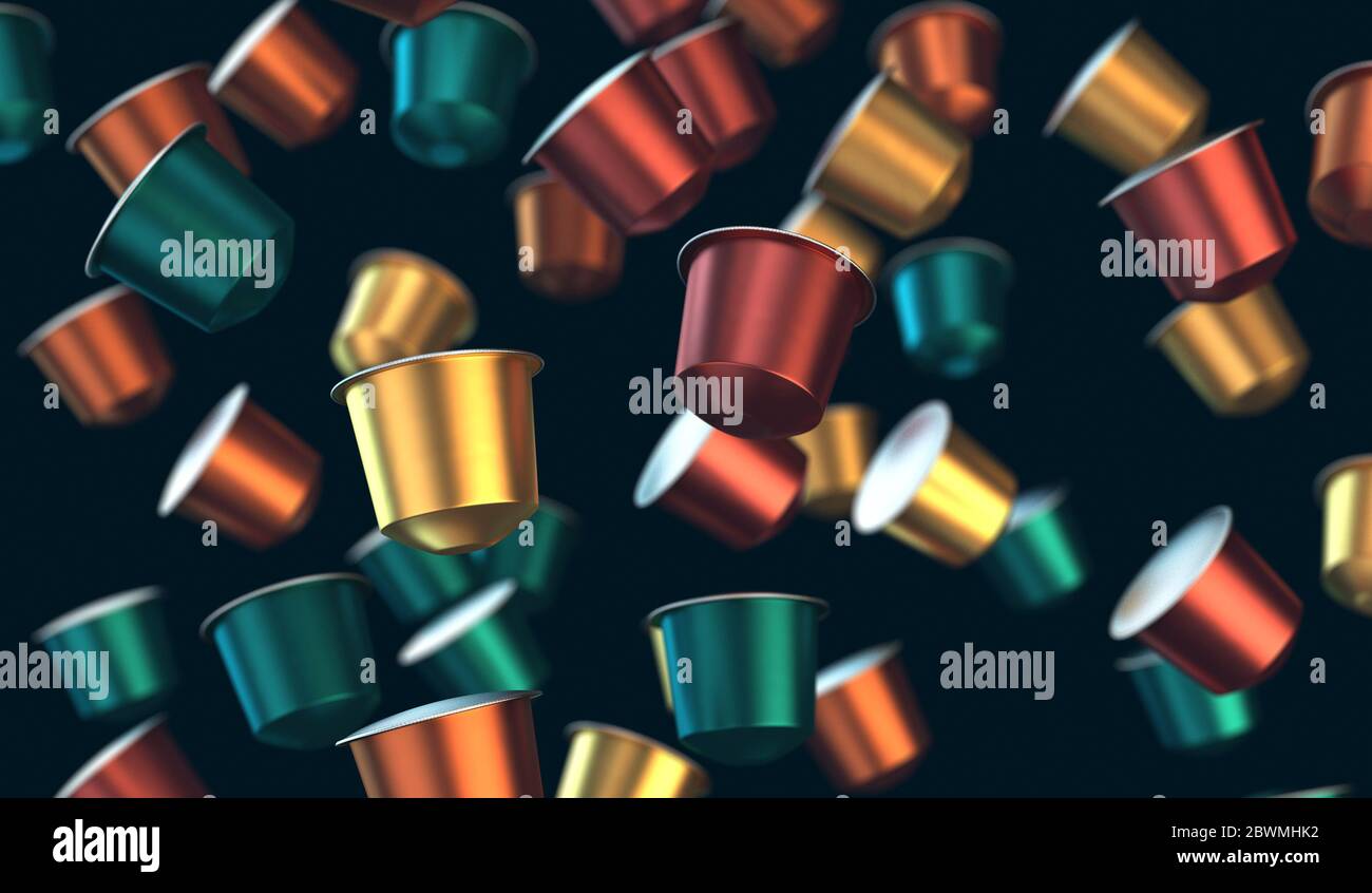 A collection of colorful instant espresso coffee capsules floating in