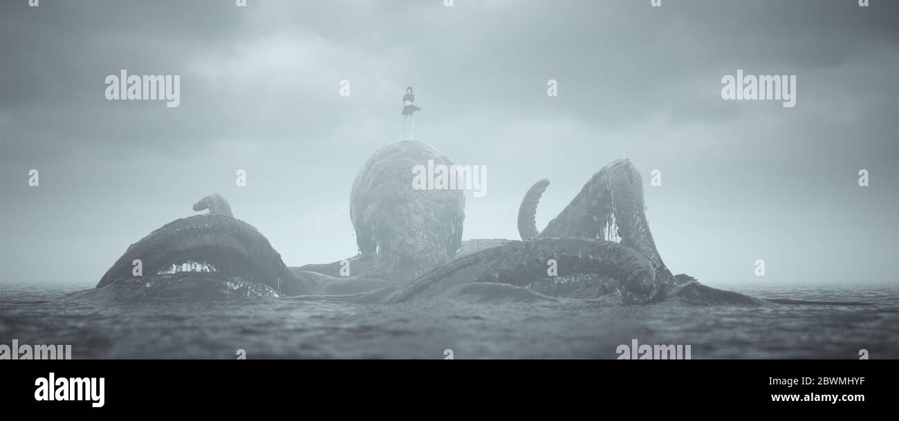 Giant Kraken with Girl Beast Master Rising out of the Sea 3d illustration 3d render miniature Lord of the Print Stock Photo