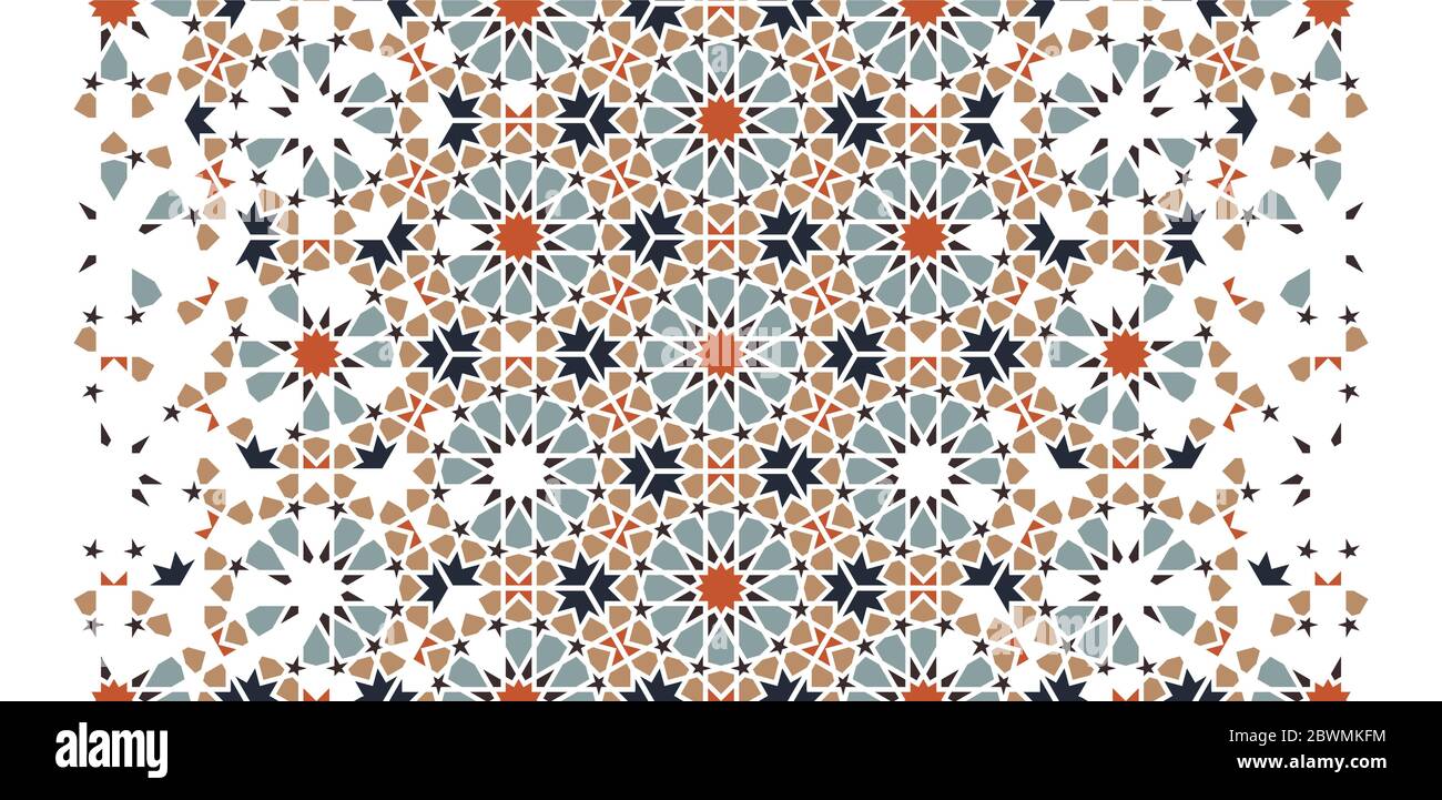 Islamic, arabic seamless vector pattern, texture, background . Geometric halftone arabic texture with color tile disintegration Stock Vector