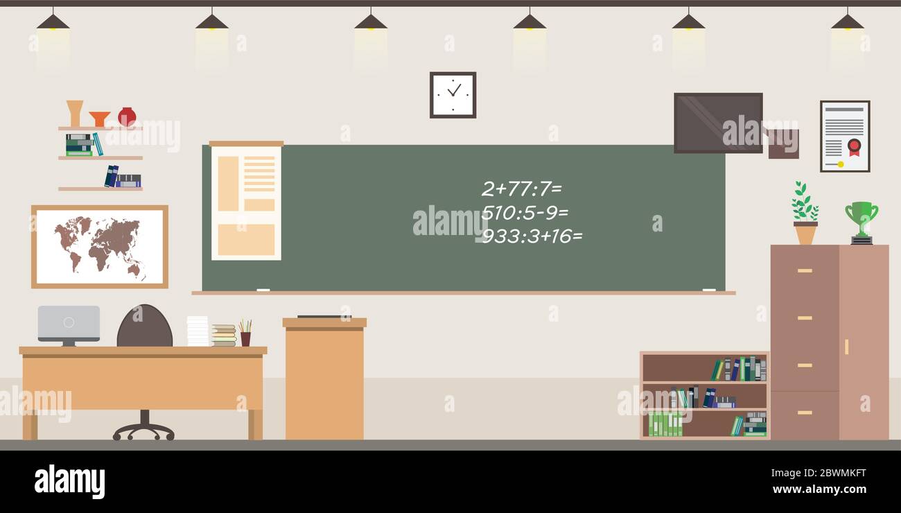 School room interior,classroom with furniture,flat vector illustration. Stock Vector