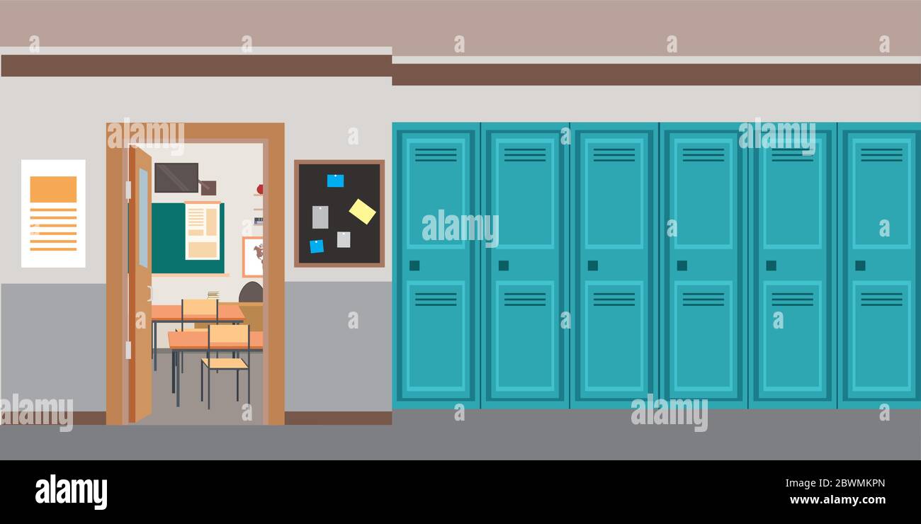 Cartoon empty School interior and open door in classroom, flat vector illustration Stock Vector