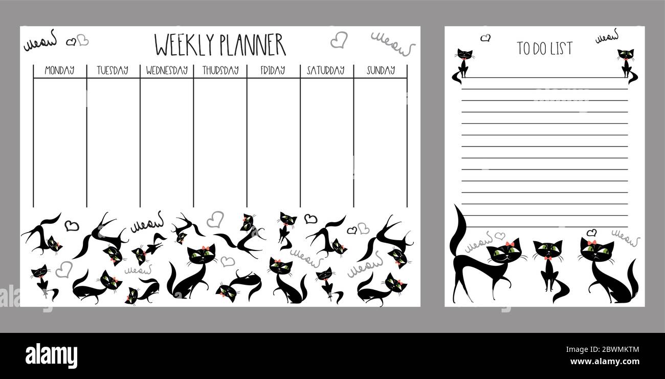 Weekly planner and to do list with cute cats,adorable pets,vector ...