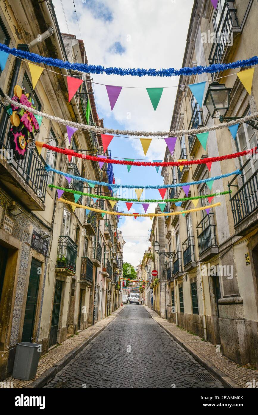 LISBON, PORTUGAL - JULY 4, 2019: Narrow cobblestone streets of the Chiado district in Lisbon, Portugal Stock Photo