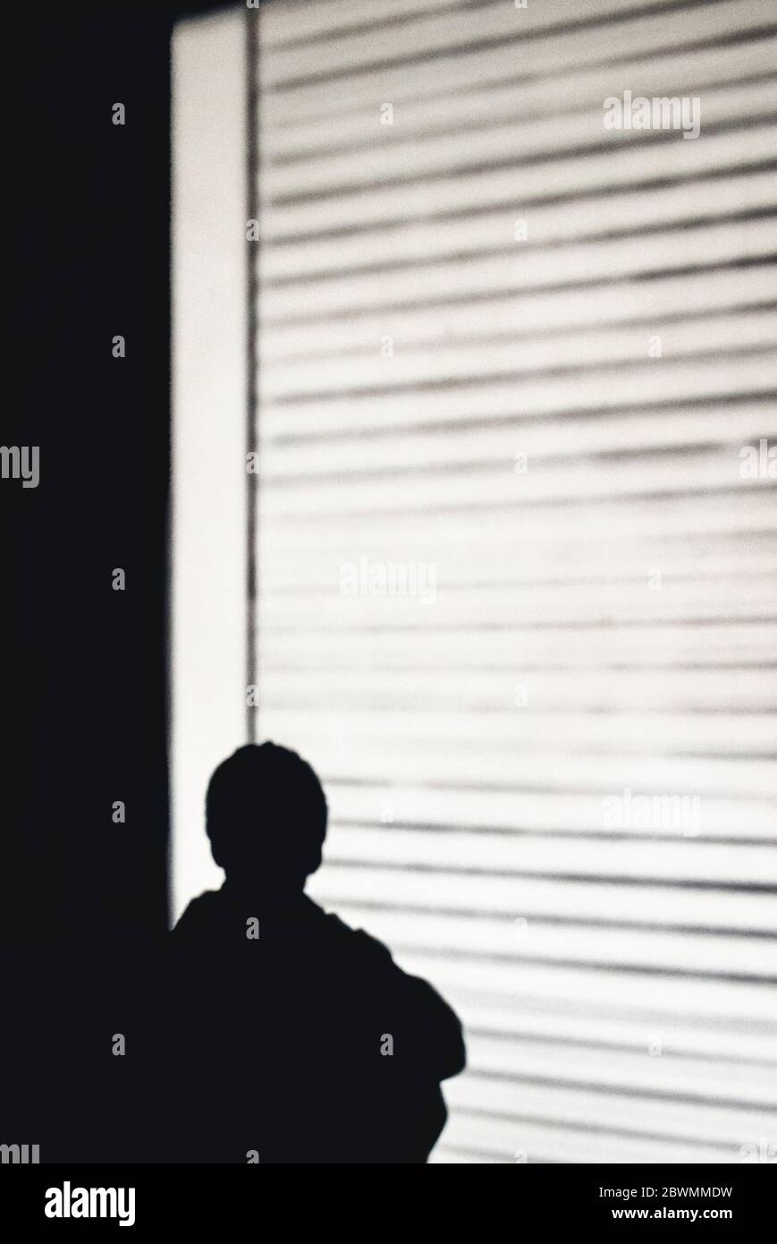 Silhouette of a person looking out of a window with brightly lit Venetian blinds, suitable for a book cover Stock Photo