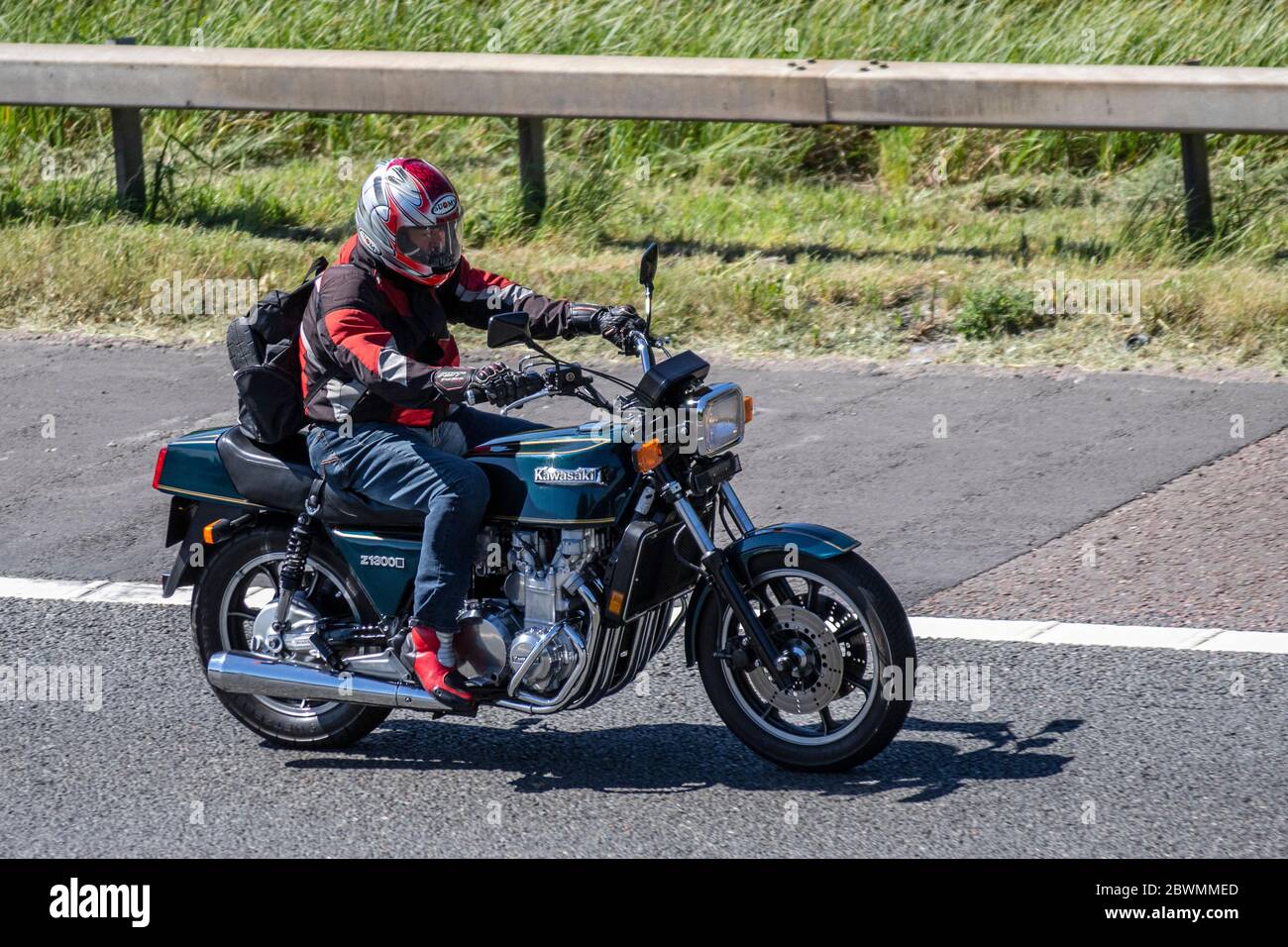 Kawasaki Z1300; Motorbike rider; two wheeled transport, motorcycles, vehicle, roads, motorbikes, bike riders motoring on the M6 motorway Chorley, UK Stock Photo