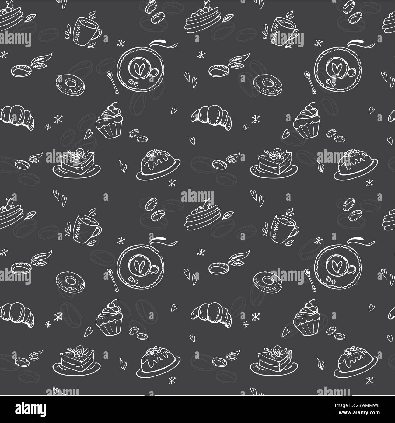 seamless pattern with sweet desserts and coffee cups,hand drawn ...
