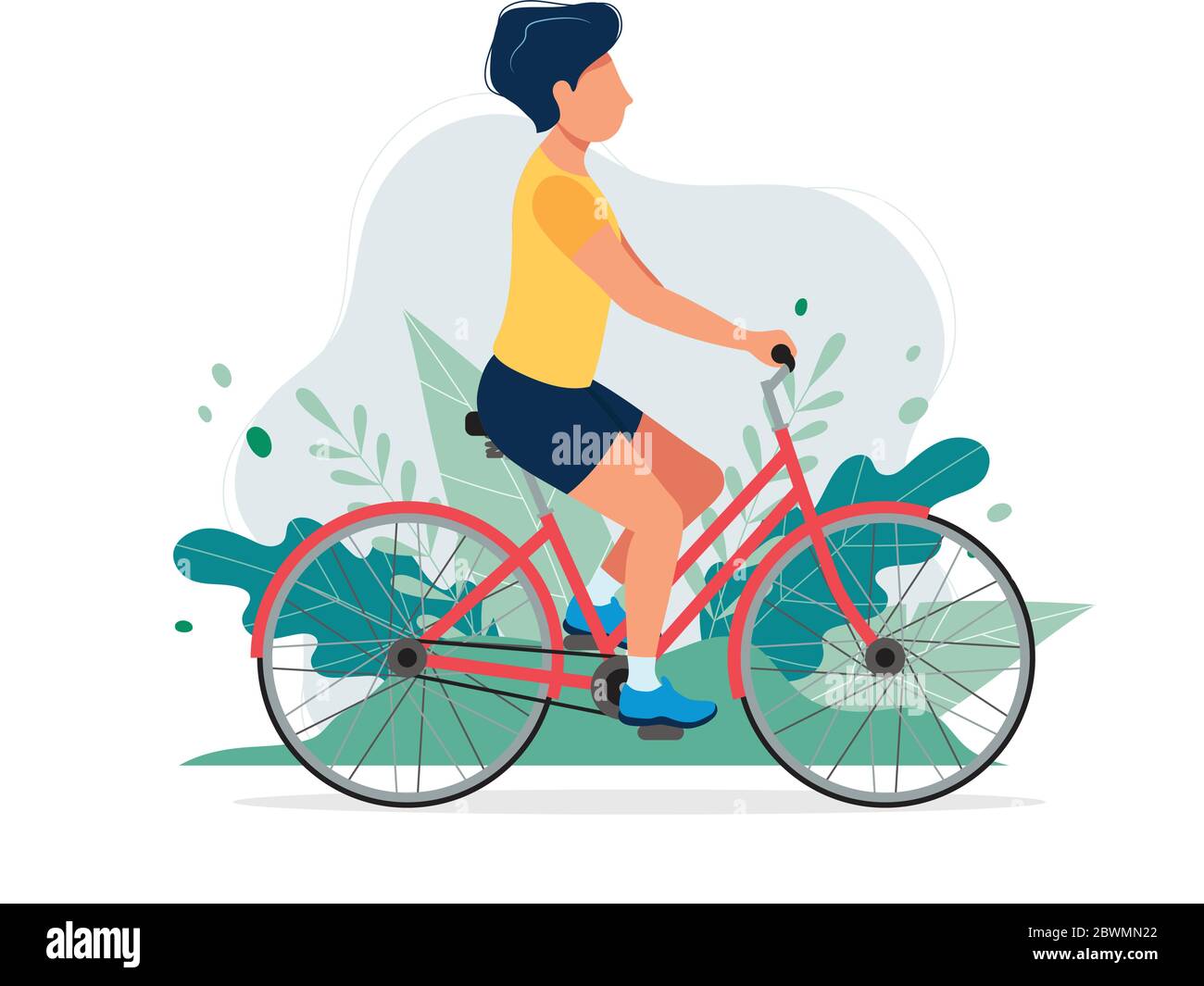 Happy man with a bike in the park. Vector illustration in flat style ...