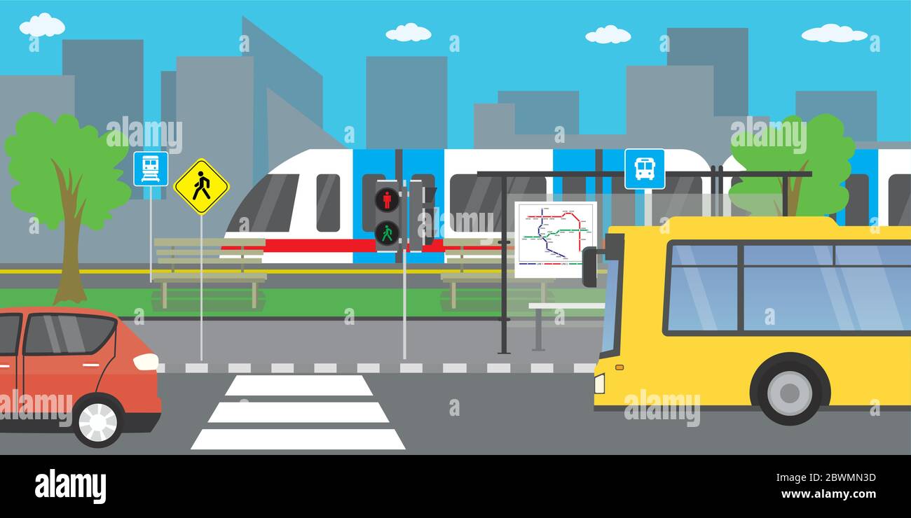 empty city street,road with different public transport,urban life concept,outdoor flat vector illustration Stock Vector