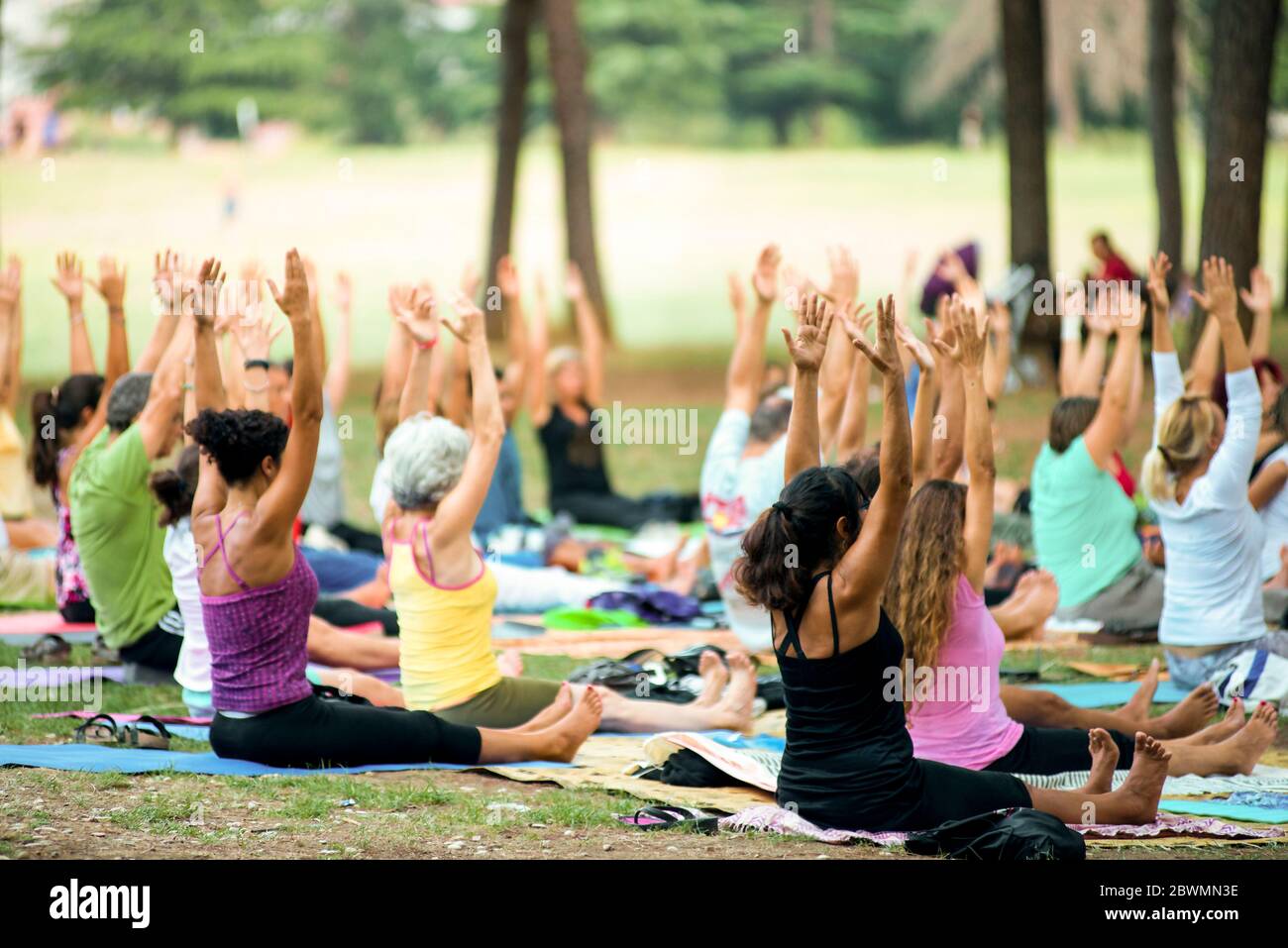 woman rising hand during fitness lesson outdoor Stock Photo - Alamy
