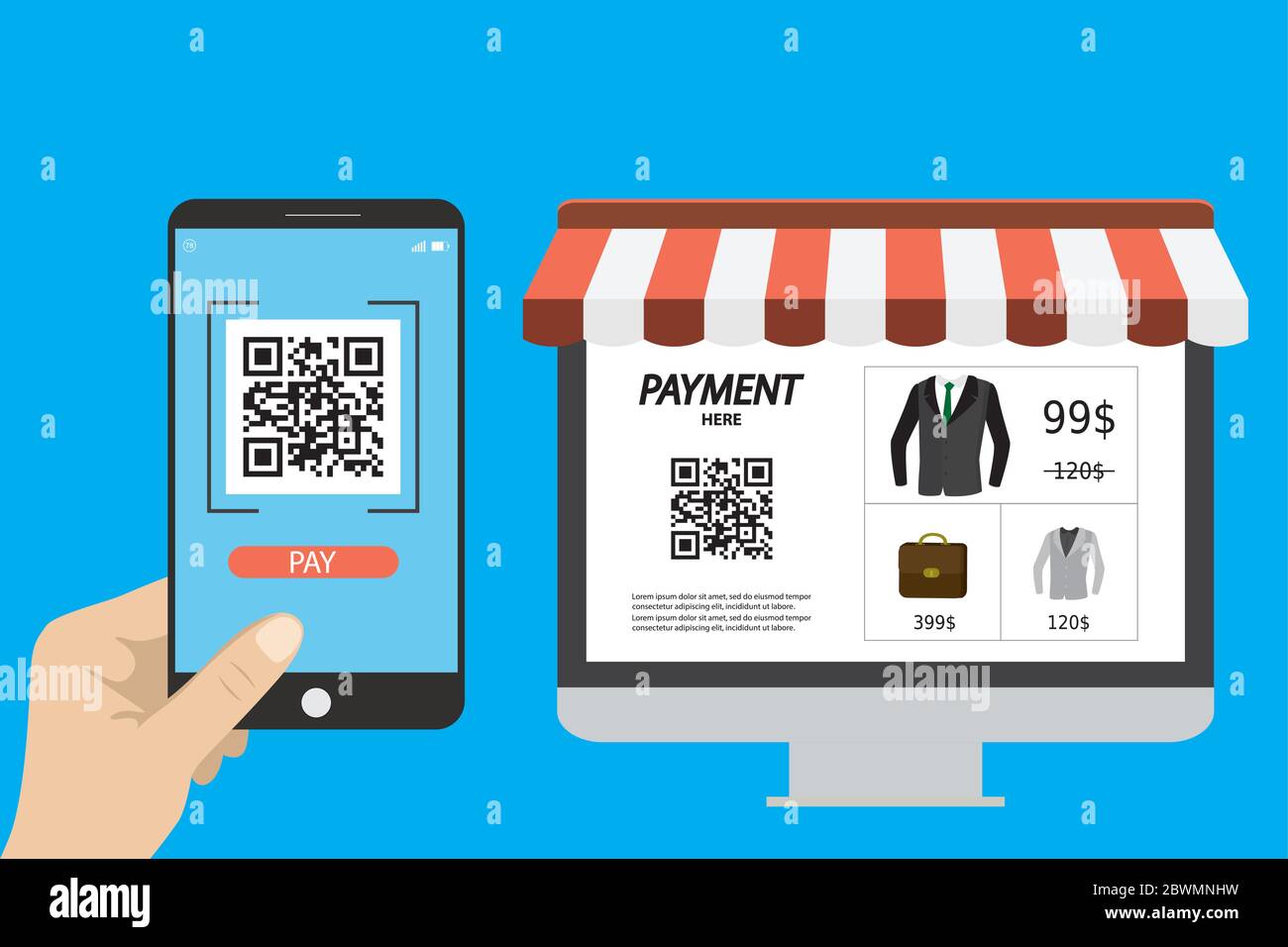 Online shopping,hand holding smart phone with qr scanner app and monitor  screen with store application and qr code for payment, flat design, vector  il Stock Vector Image & Art - Alamy