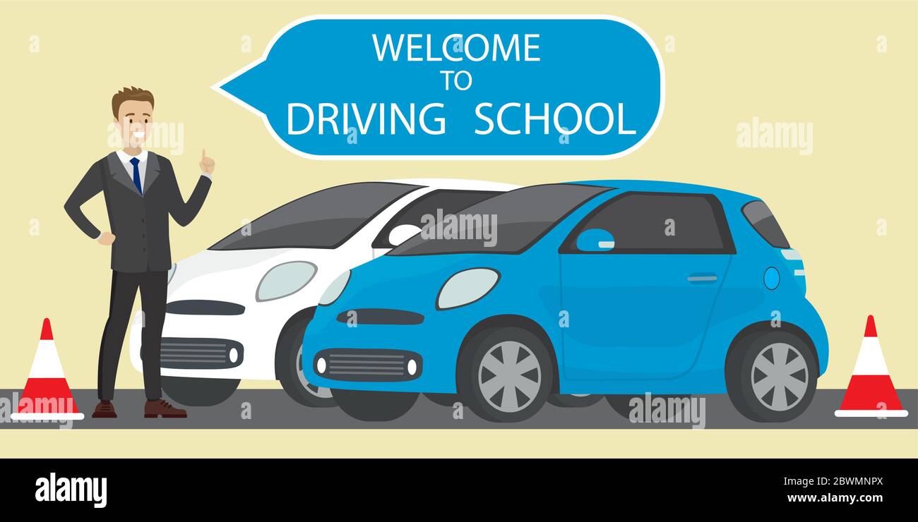 White and blue driving school car,caucasian male instructor with speech ...