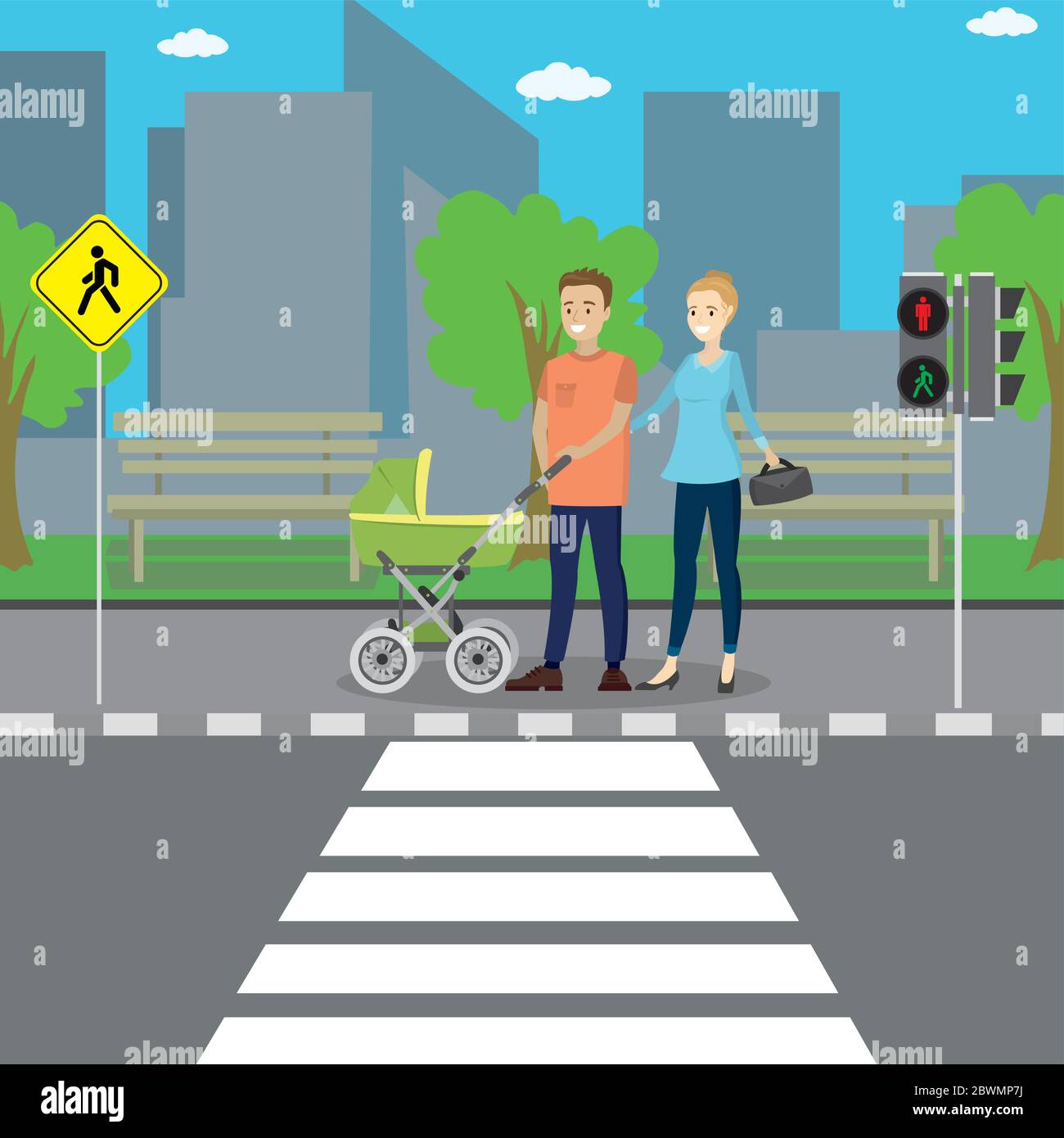 young caucasian couple with a baby stroller stands at a pedestrian crossing,city life concept,flat vector illustration Stock Vector