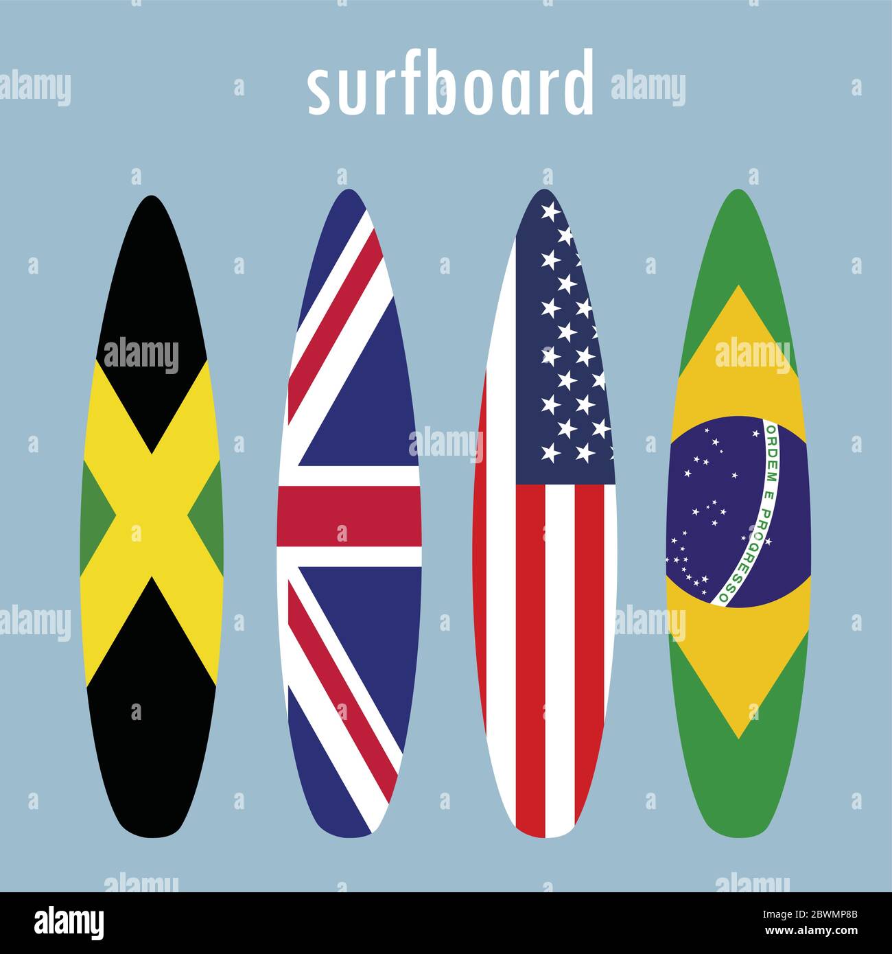 Cartoon surfboards with flags design, flat vector illustration Stock ...