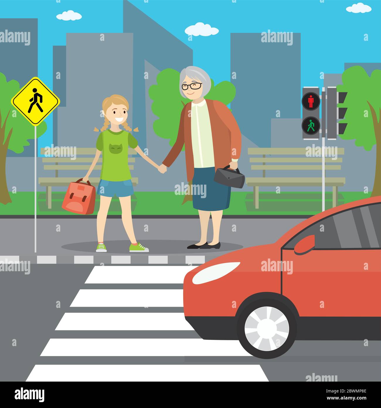 People on crosswalk,Grandmother and girl stand on city street,flat vector illustration Stock Vector
