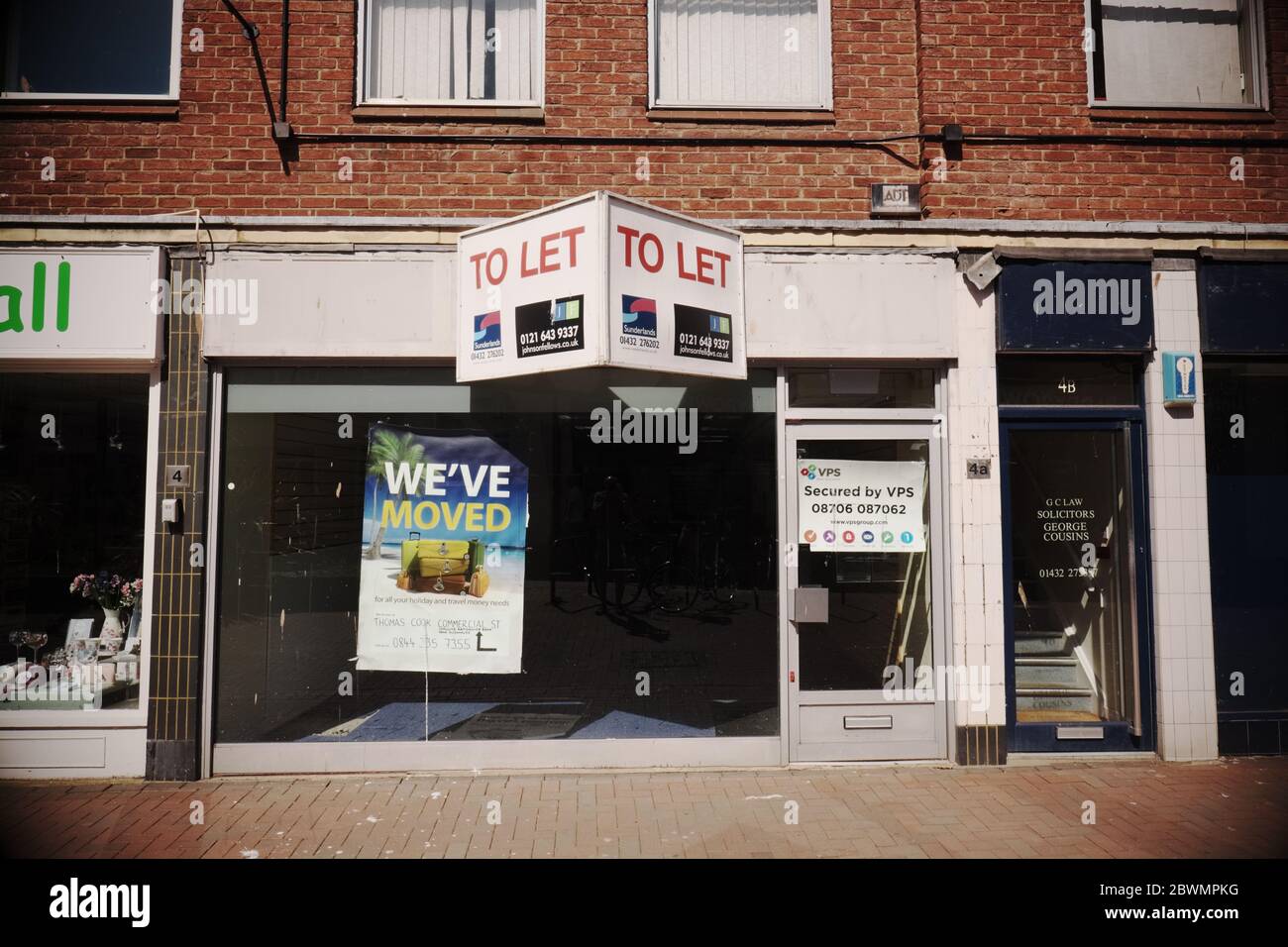 Commercial business premises To Let a former branch of the travel agent Thomas Cook remains vacant in Hereford UK June 2020 Stock Photo