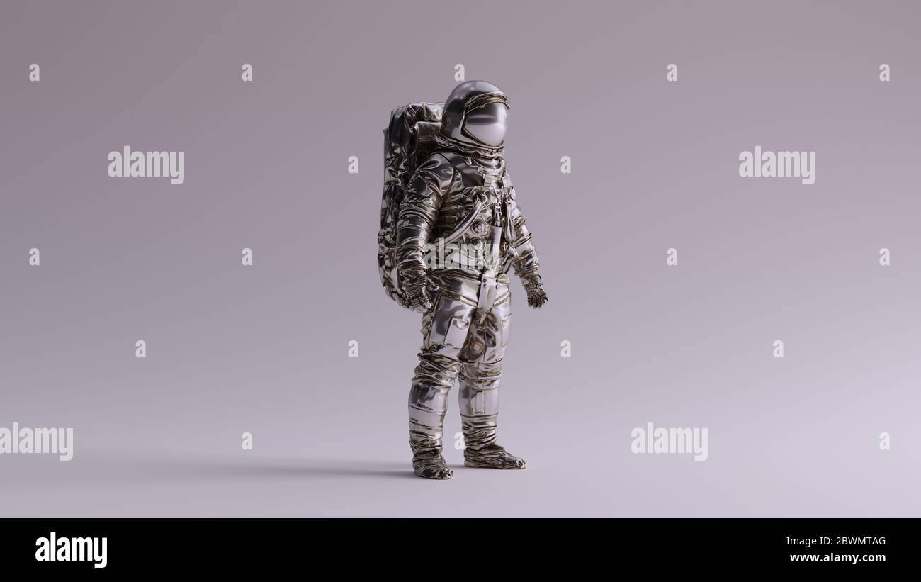 Astronaut Silver Spaceman Astronaut Cosmonaut With Light Grey Background with Neutral Diffused Side Lighting Front View 3d illustration 3d render Stock Photo