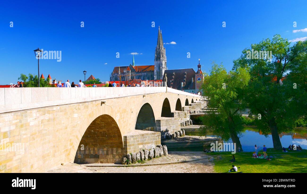 Regensburg, Germany: View on the stone bridge Stock Photo