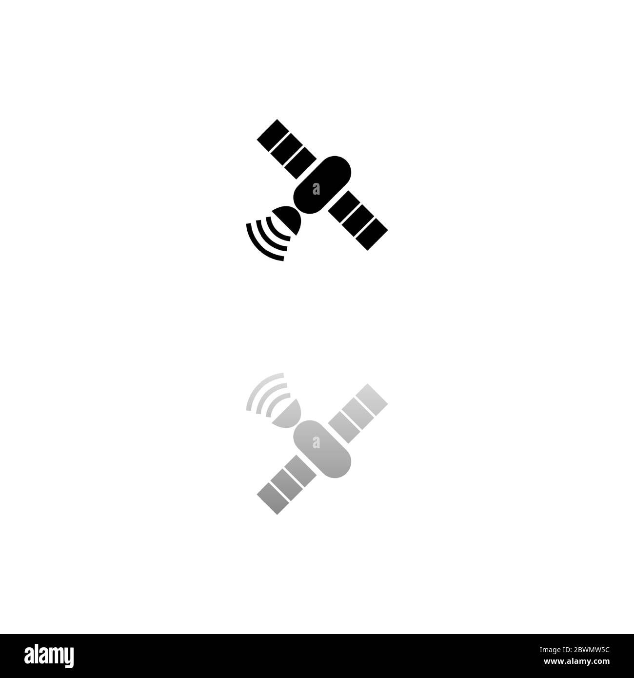 Satelite. Black symbol on white background. Simple illustration. Flat Vector Icon. Mirror Reflection Shadow. Can be used in logo, web, mobile and UI U Stock Vector