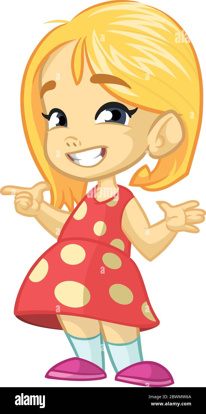 Vector illustration of a happy little girl in a red dotted dress