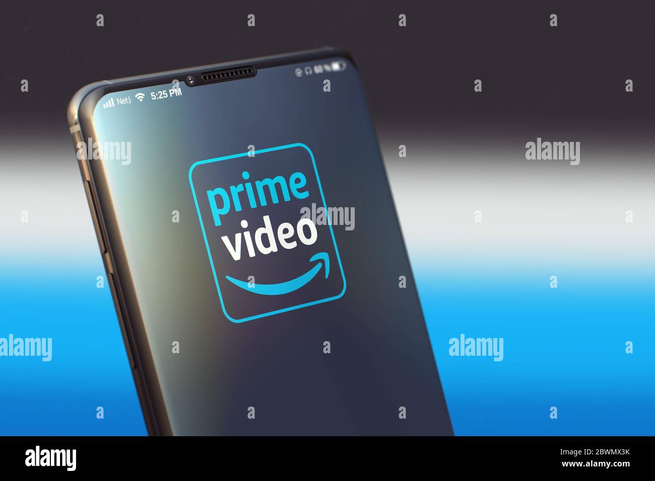 KYIV, UKRAINE-JUNE, 2020: Amazon Prime Video Mobile Application on the Cellphone Screen. CloseUp Studio Shot of Smartphone with Amazon Prime Video Application. Stock Photo