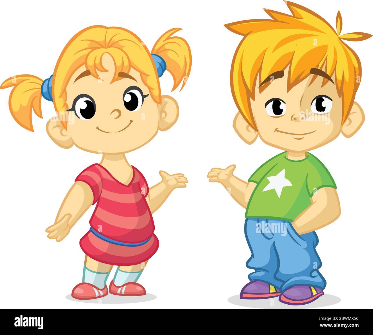 Cute cartoon boy and girl with hands up vector illustration. Boy and girl  greeting design. Kids summer dress. Children vector. Casual style dressed c  Stock Vector Image & Art - Alamy