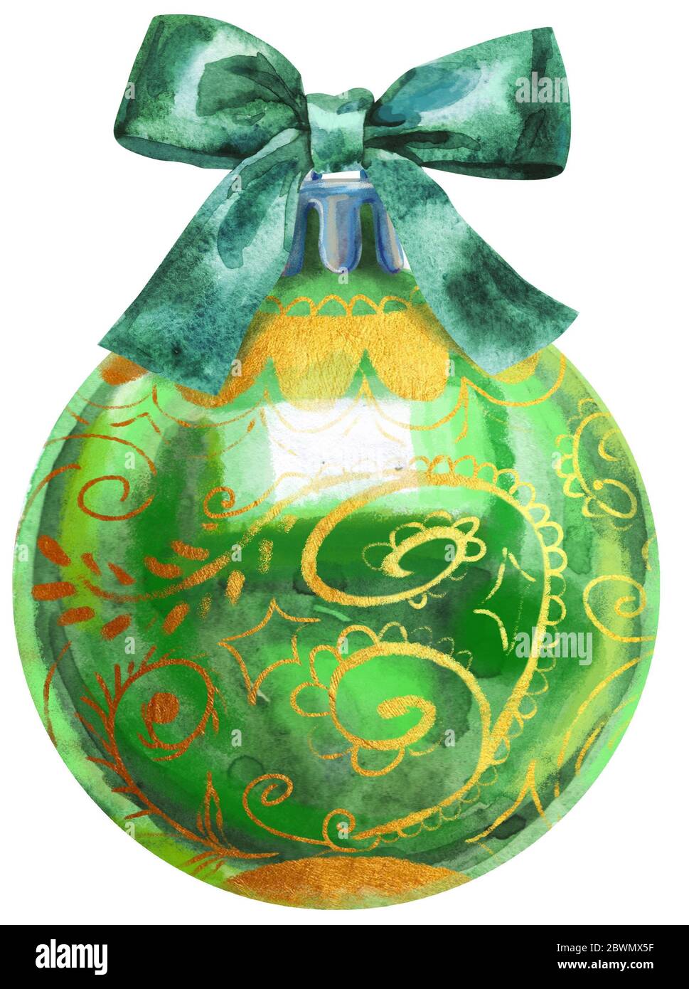Watercolor green Christmas ball with bow isolated on a white background ...