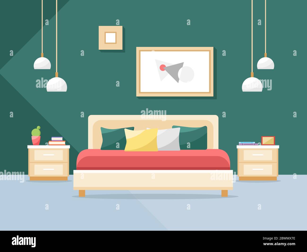 Bedroom interior in a flat style. Bed and other bedroom furniture ...