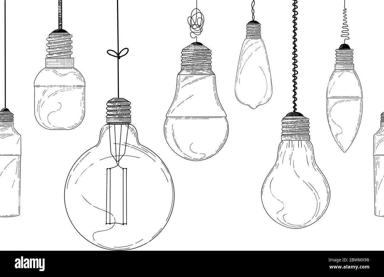 Sketch of hanging light bulbs isolated on a white background. Seamless