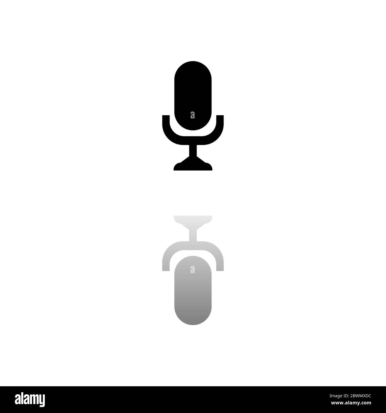 Microphone. Black symbol on white background. Simple illustration. Flat Vector Icon. Mirror Reflection Shadow. Can be used in logo, web, mobile and UI Stock Vector