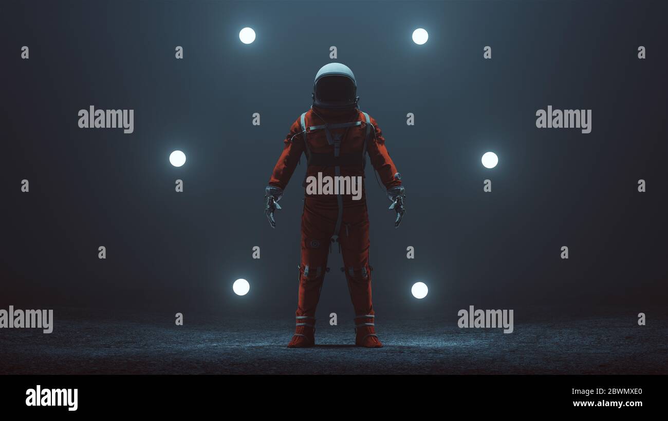 Astronaut in an Orange Space Suit Exploration Mobility Unit Next Generation Spacesuit with Black Visor Standing in a Alien Void 3d illustration Stock Photo