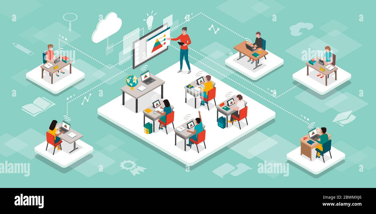 Students in the virtual classroom and teacher using a smart interactive