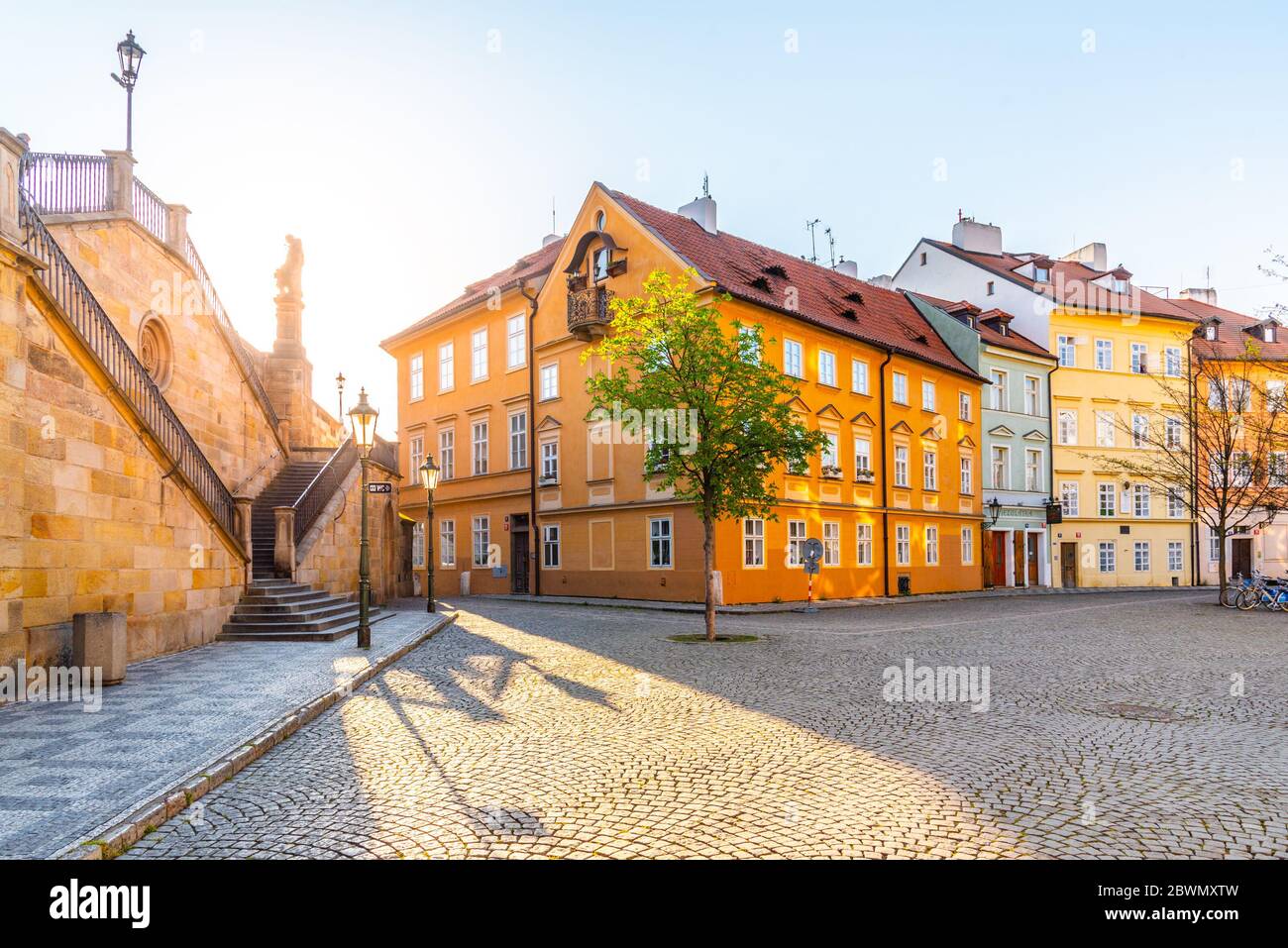 Na Kampe - small square under Charles Bridge on sunny day. Kampa Island, Prague, Czech Republic. Stock Photo