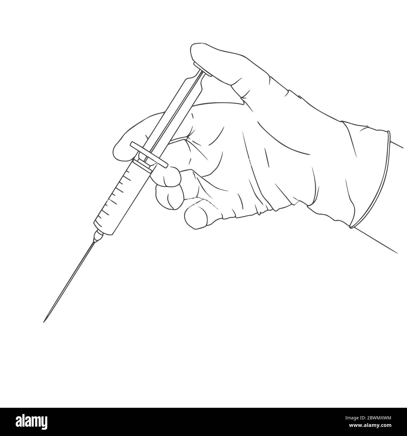 Doctor or scientist hands in latex gloves. Hands in sterile gloves holding syringe. Vector illustration in sketch style. Stock Vector