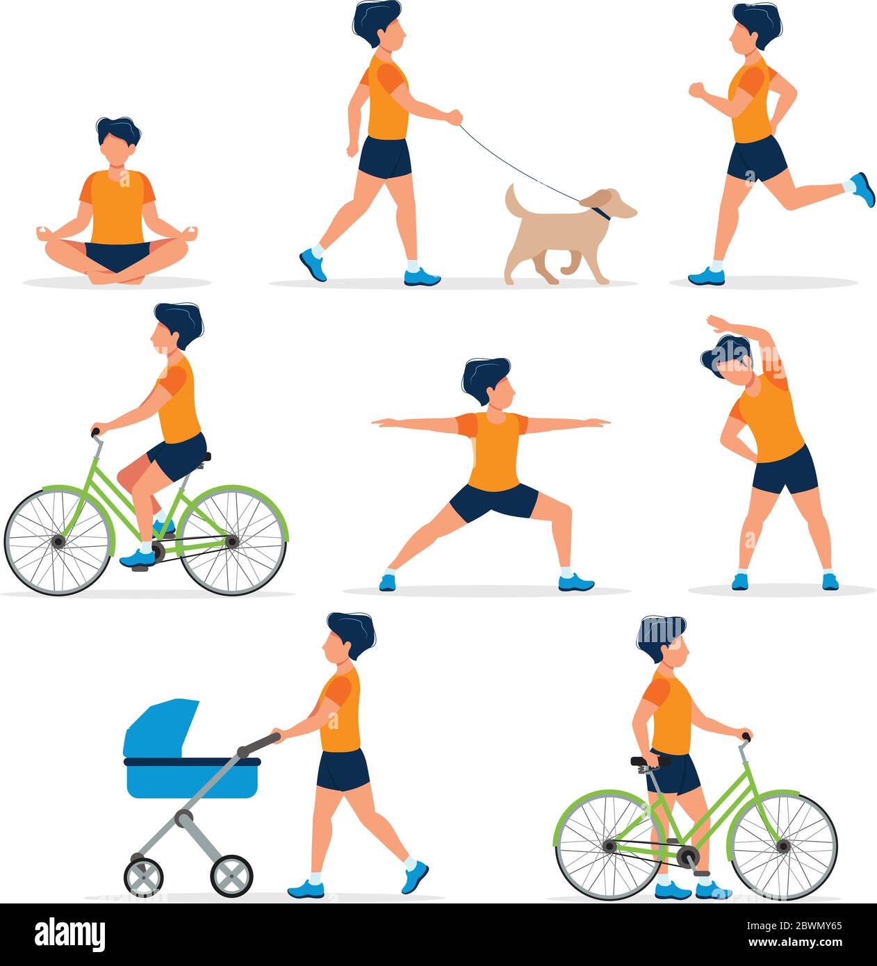 Happy man doing different outdoor activities: running, dog walking ...