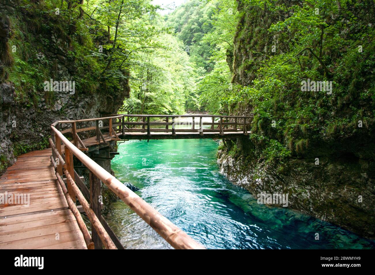 Wooden bridge above mountain river, wild nature landscape. Clean water. Stock Photo