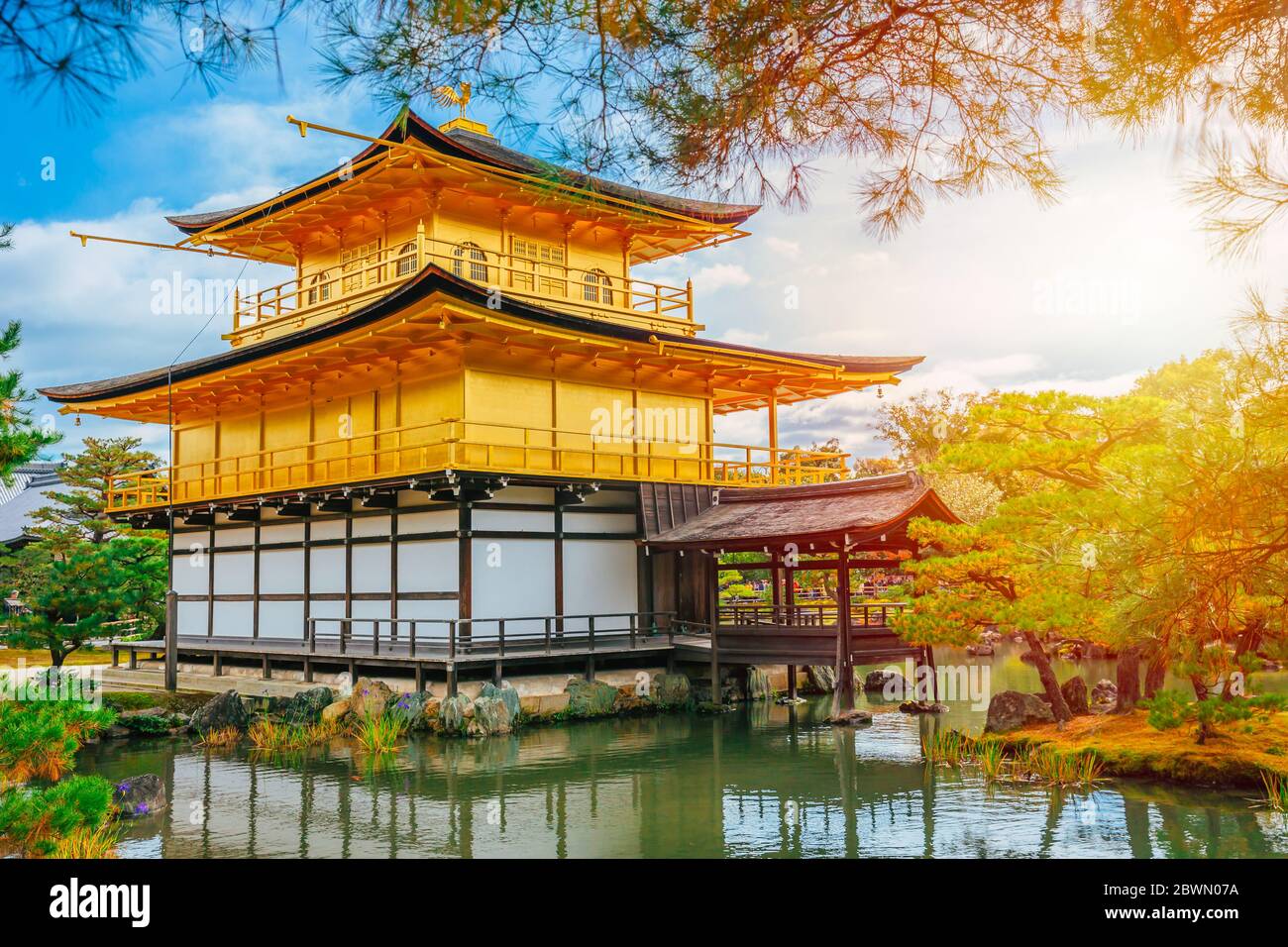 Golden temple in Japan, Kinkaku-ji Gold Pavilion  Buddhist Zen Temple Travel landmark at Kyoto, Japan. Stock Photo