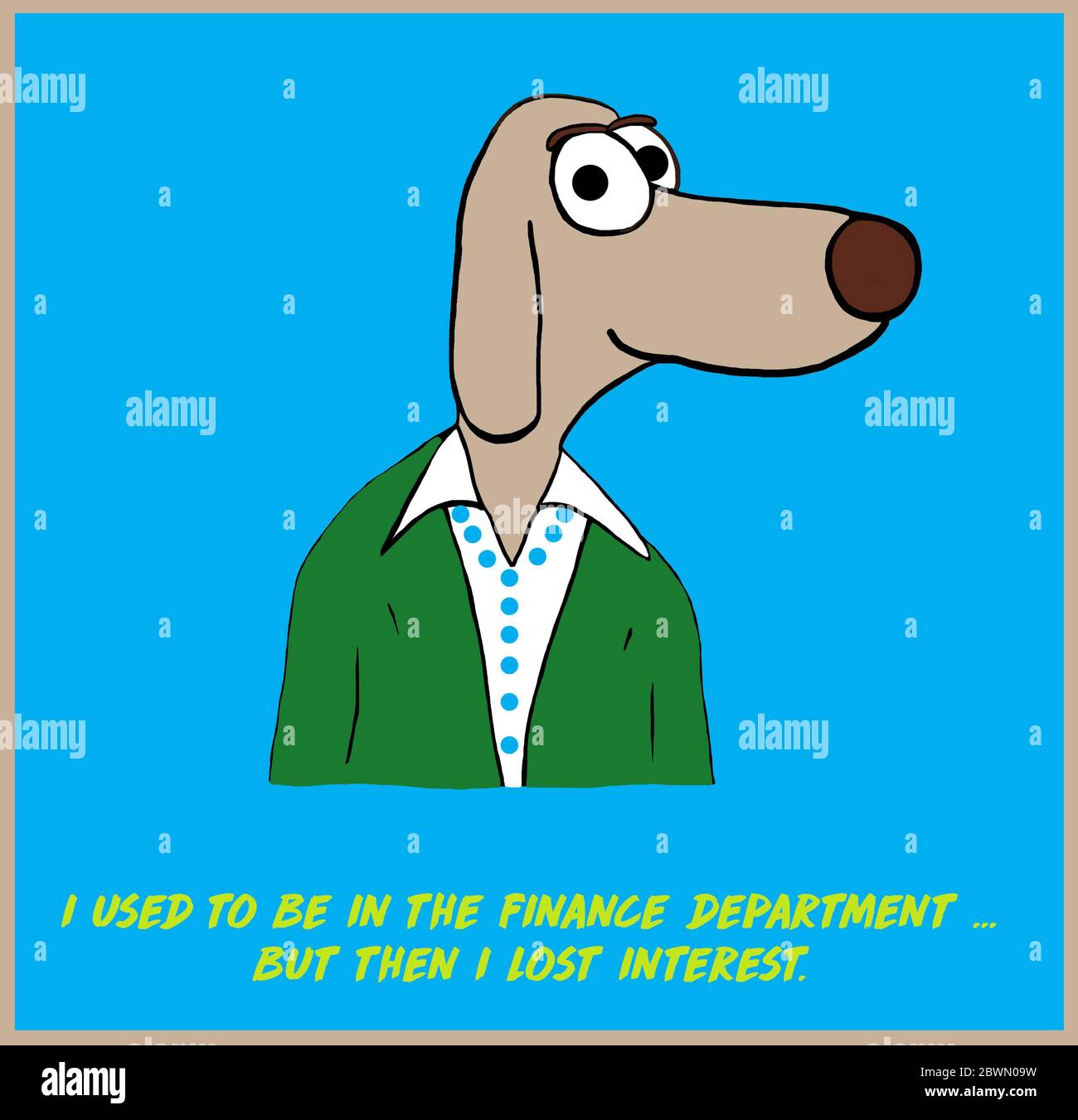 Color cartoon pun of a female dog who used to be in the finance department, but then lost interest. Stock Photo