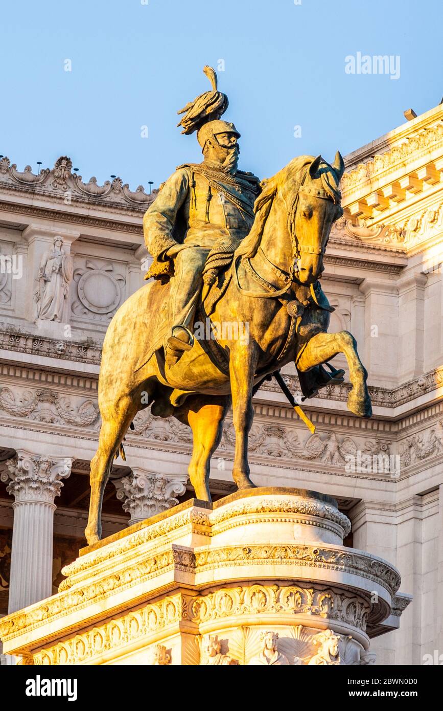 Equestrian statue of Vittorio Emanuele II - Monument Vittoriano or Altare della Patria. Rome, Italy. Morning sunrise time. Stock Photo
