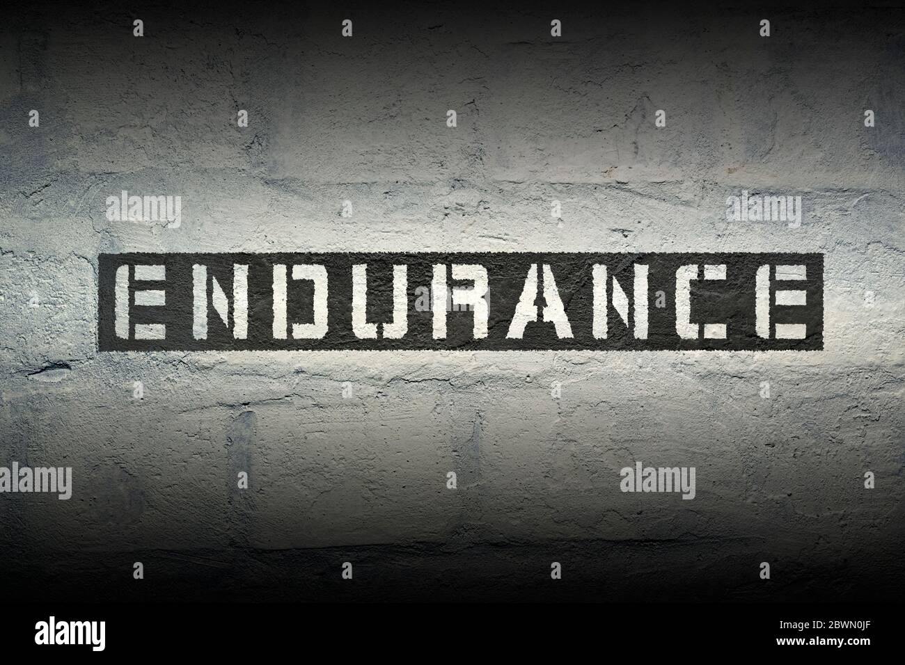 endurance stencil print on the grunge white brick wall Stock Photo