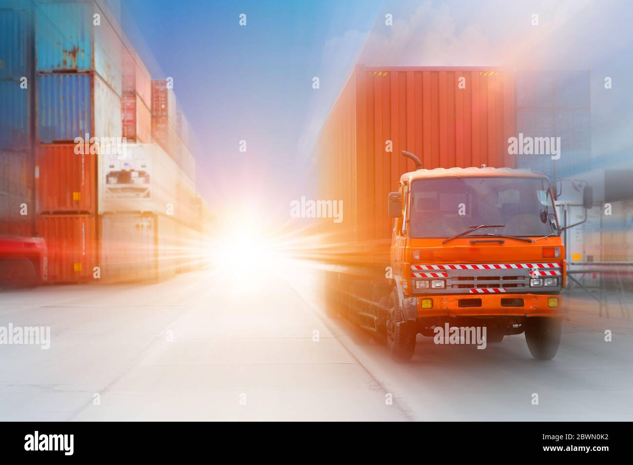 Blur motion truck car with container cargo for fast high speed shipping and transportation logistic background concept. Stock Photo