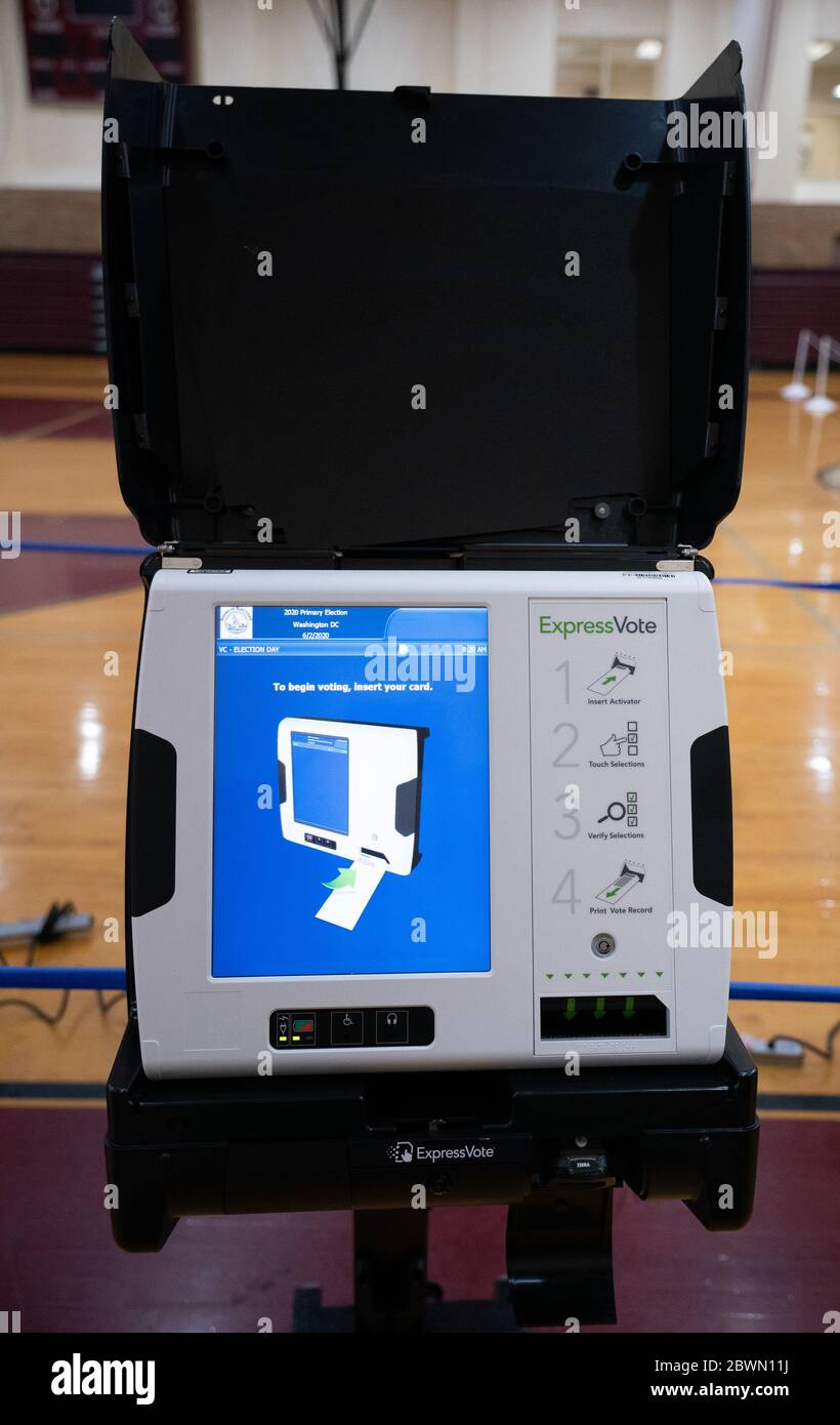Washington, United States. 02nd June, 2020. An electronic voting machine is seen during the DC primary election at a polling location in Washington, DC on Tuesday, June 2, 2020. Seven states are holding Primaries today amid the COVID-19 pandemic that has killed more than 103,000 people in the United States. Photo by Kevin Dietsch/UPI Credit: UPI/Alamy Live News Stock Photo