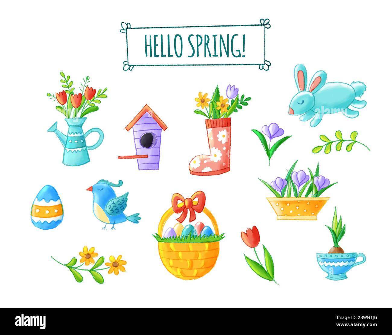 Hello spring hand drawn element collection - cute flowers, bird, bunny, easter eggs, watering can, nesting box, seasonal illustrations. Isolated on Stock Photo