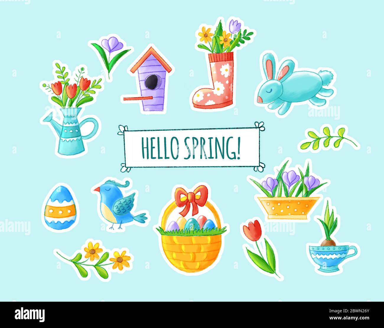 Hello spring hand drawn element collection - cute flowers, bird, bunny, easter eggs, watering can, nesting box, seasonal illustrations. Isolated on Stock Photo