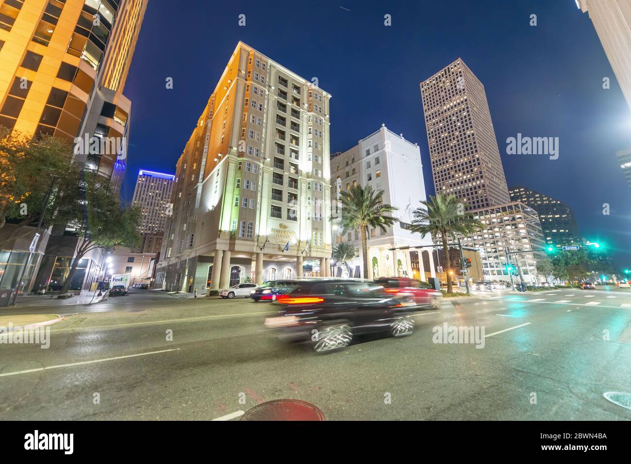 NEW ORLEANS  - FEBRUARY 2016: City streets on a beautiful clear night. Stock Photo