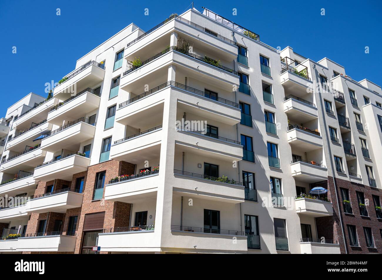 Modern apartment buildings with big balconies seen in Berlin, Germany ...